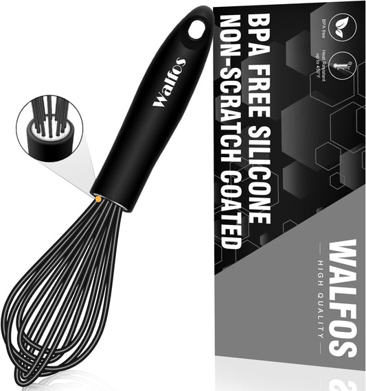 Walfos Silicone Whisk, Stainless Steel Wire Whisk - Heat Resistant Kitchen Whisks for Non-Stick Cookware, Balloon Egg Beater Perfect for Blending, Whisking, Beating, Frothing & Stirring, 8.5", Black