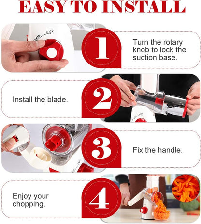 Ourokhome Rotary Cheese Grater Hand Crank, Kitchen Shredder Speed Mandolin Slicer Nuts Grinder with Handle and Drum Blades for Cheese, Vegetable, Chocolate, Potato, Carrot, 3 Blades, White Red