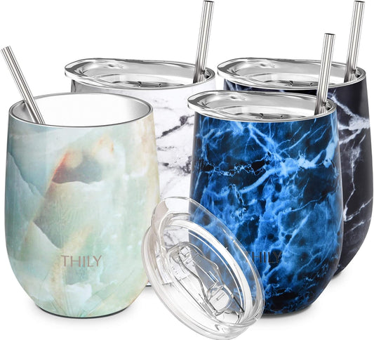 THILY Stainless Steel Stemless Wine Tumbler 4 Pack Vacuum Insulated Travel Wine Glasses with Sliding Lids and Straws, 12 Oz, Keep Cold for Juice, Coffee, Beer, Marble Series