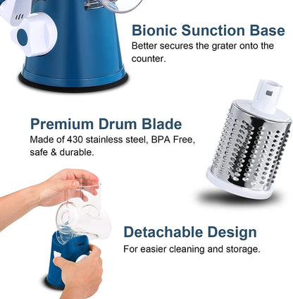 Geedel Rotary Cheese Grater, Kitchen Mandoline Vegetable Slicer with 3 Interchangeable Blades, Easy to Clean Rotary Grater Slicer for Fruit, Vegetables, Nuts