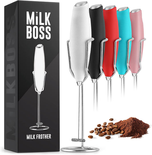 Milk Boss Matcha Whisk - Handheld Electric Stirrer - Frother Wand & Drink Mixer - Durable Stainless Steel - White Ultra Stand