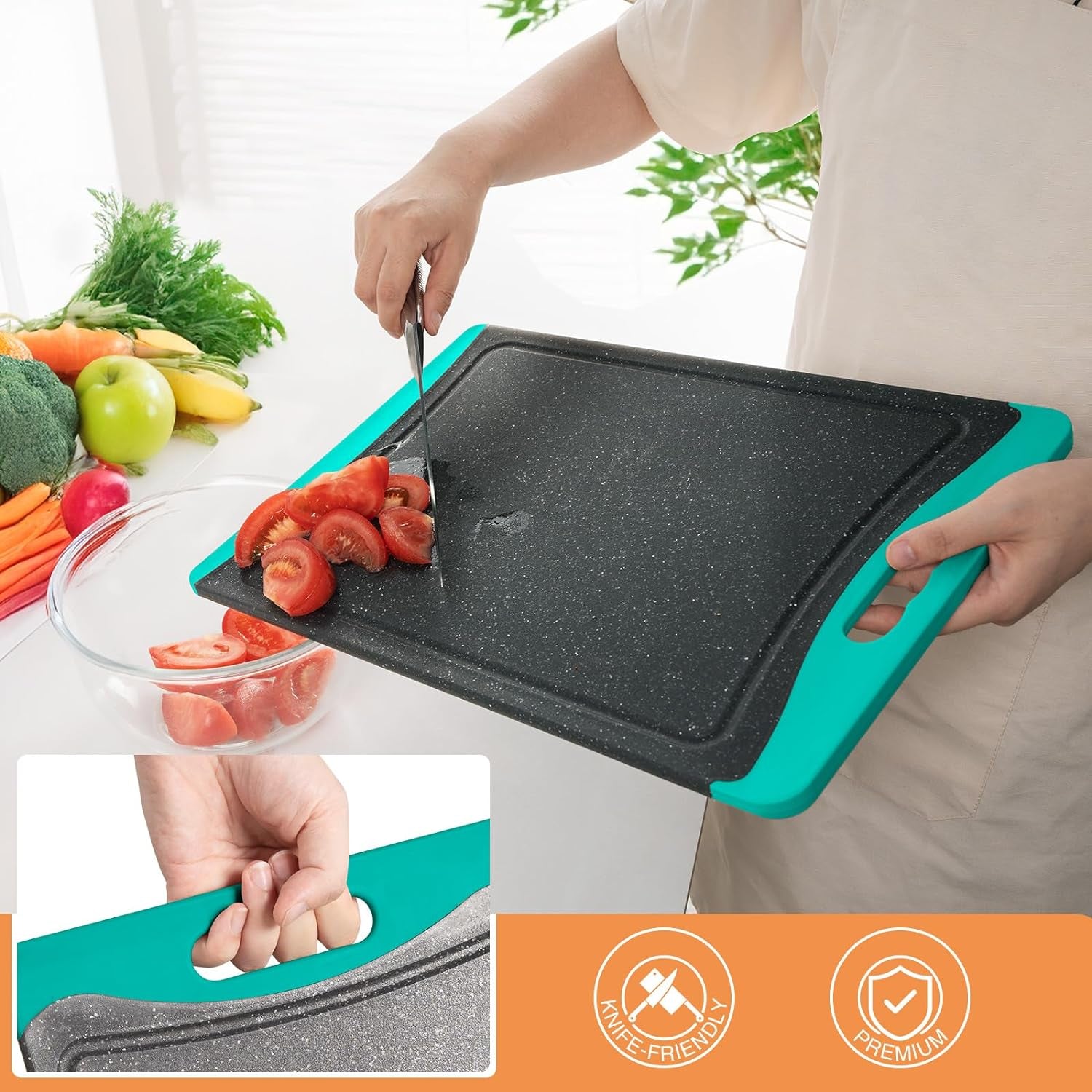 Extra Large Cutting Boards, Plastic Cutting Boards for Kitchen (Set of 3) Cutting Board Set Dishwasher Chopping Board with Juice Grooves Easy-Grip Handles, Turquoise, Empune