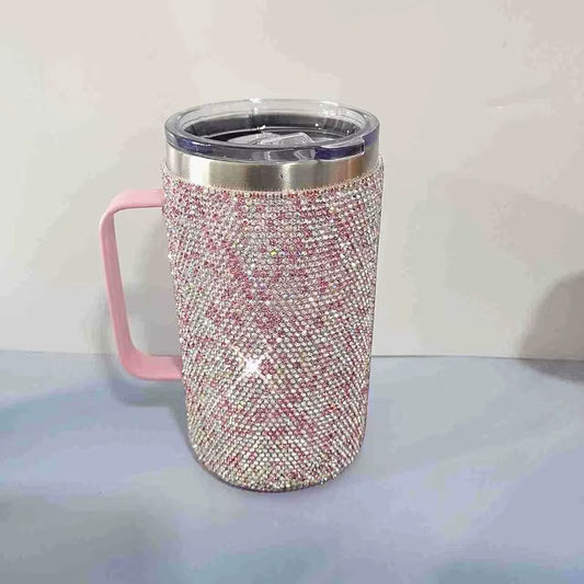 720Ml Stainless Steel Rhinestone Coffee Travel Cup with Handle Lid Diamond Vacuum Insulated Mug Bling Water Bottle Women Gifts
