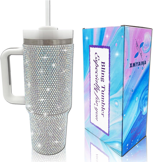 40Oz Bling Tumbler with Handle and Straw Lid Rhinestone Studded Tumbler Cups Vac
