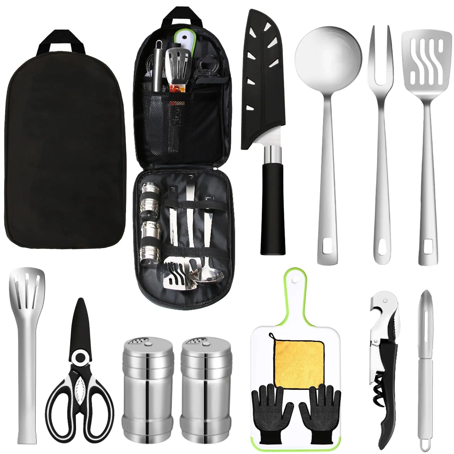 AOFUXTI 15PCS Essential Camping Utensils Cooking Set Traveling Picnic Cookware Gear Accessories Fun Tent Camper Kitchen Cutting Board and Knife Must Have Cool Tool Supplies for Outdoor Camping
