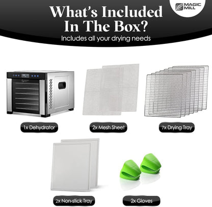 Magic Mill Pro Food Dehydrator Machine | 7 XL Stainless Steel Trays | Dryer for Jerky, Dog Treats, Herb, Meat, Beef, Fruit | Keep Warm Function, Digital Timer and Temperature Control, ETL Approved