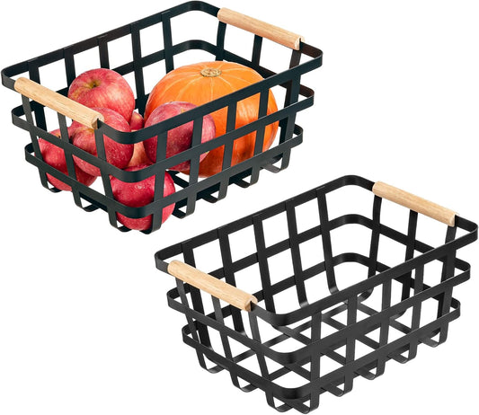 Black Farmhouse Baskets Pantry Baskets with Wooden Handles - Household Storage Organizer for Cabinets,Pantry,Closets,Kitchen,Bedrooms,Refrigerator,Freezer Baskets