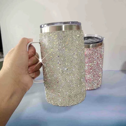 720Ml Stainless Steel Rhinestone Coffee Travel Cup with Handle Lid Diamond Vacuum Insulated Mug Bling Water Bottle Women Gifts