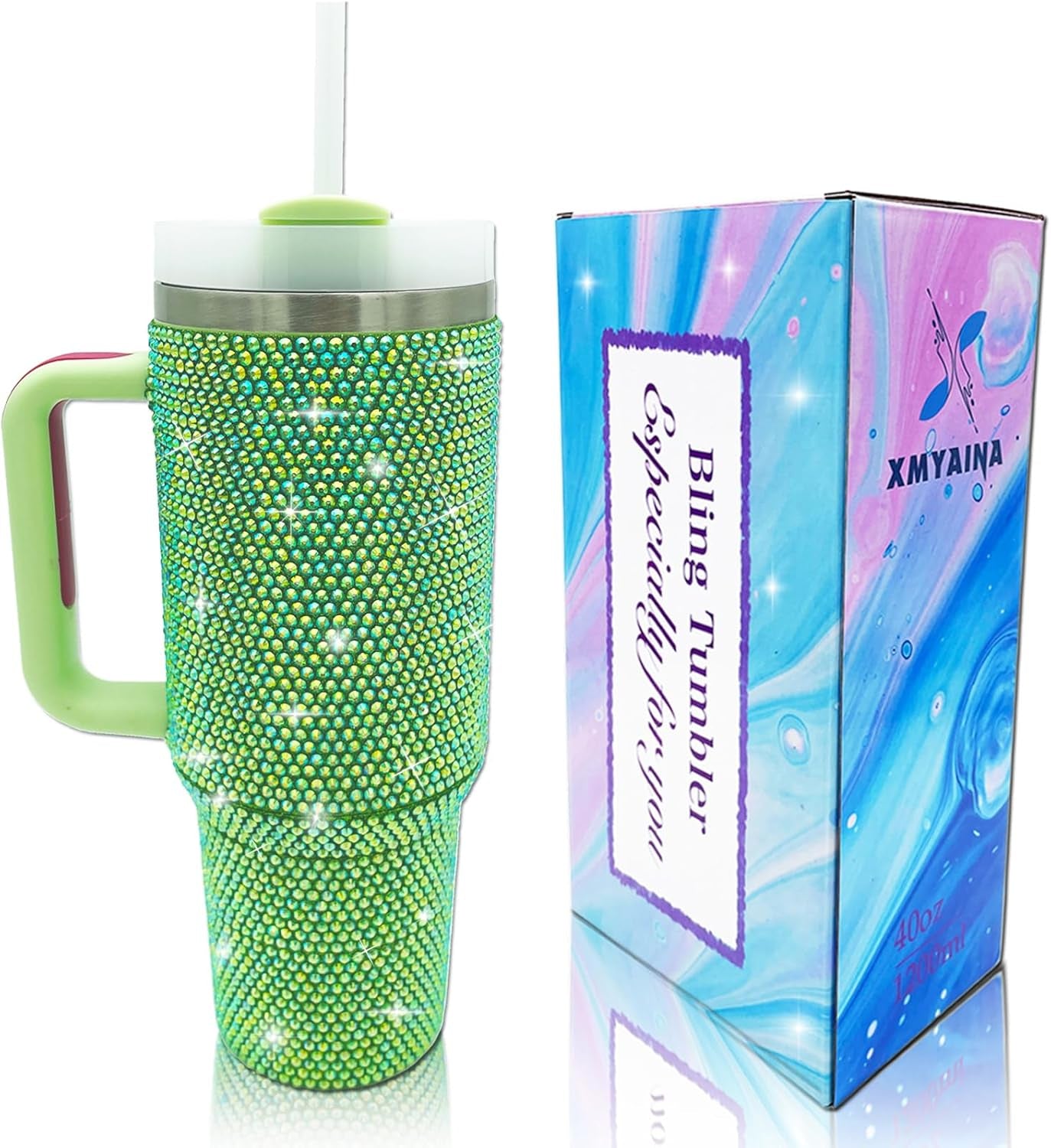 40Oz Bling Tumbler with Handle and Straw Lid Rhinestone Studded Tumbler Cups Vac