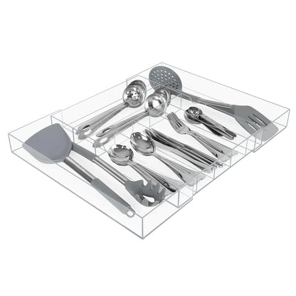 AIEVE Clear Acrylic Silverware Organizer Expandable Kitchen Drawer Organizer for Utensils Flatware Cutlery with 9 Compartments