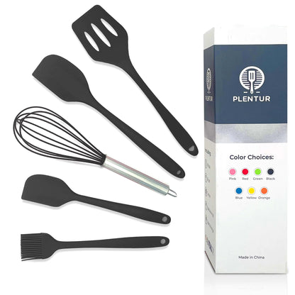 Plentur Silicone Spatula Set Kitchen Utensil Set - Heat Resistant Non Stick BPA-Free Dishwasher Safe - Essential Silicone Cooking Utensils for Home Kitchen Supplies - 5 Item Utensil Set (Black)