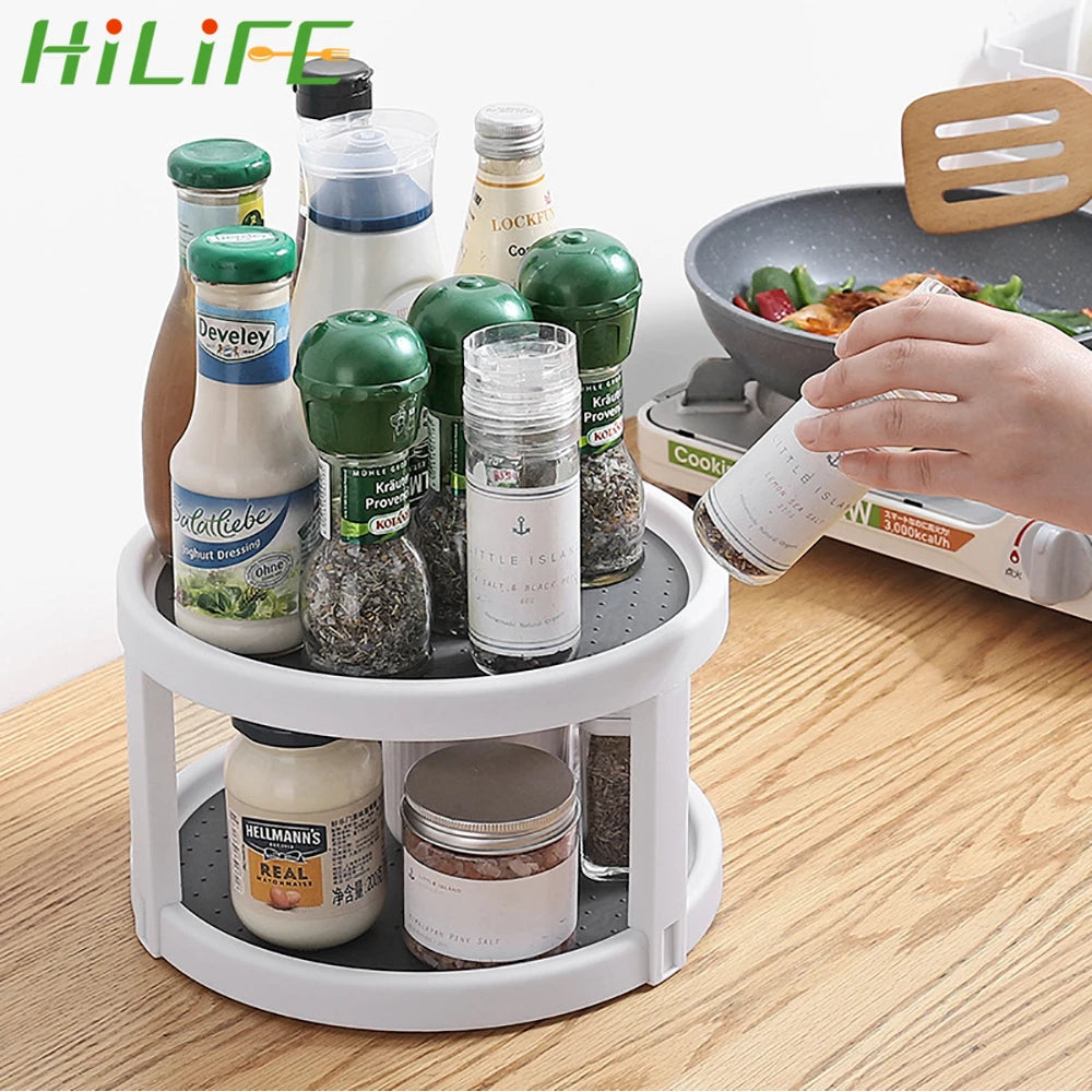 HILIFE  Condiment Storage Rack Rotating Organizer Round Shelf Spice Rack Kitchen Storage Tray Pantry Cabinet Turntable