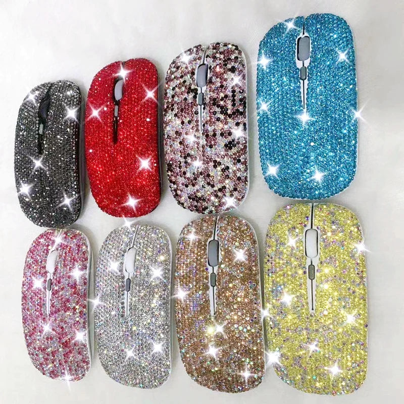 Rhinestone Computer Wireless Mouse Mute Laptop Table Office Supplies Ergonomic Gaming Mouse Slim For Women Gifts 8 Color