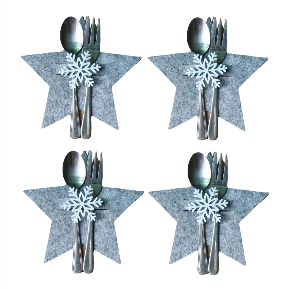 4pcs Xmas Cutlery Bag Pocket Christmas Tree Stars Snowflake Fork Knife Spoon Holder Bags for Kitchen Tableware Organizer Decors