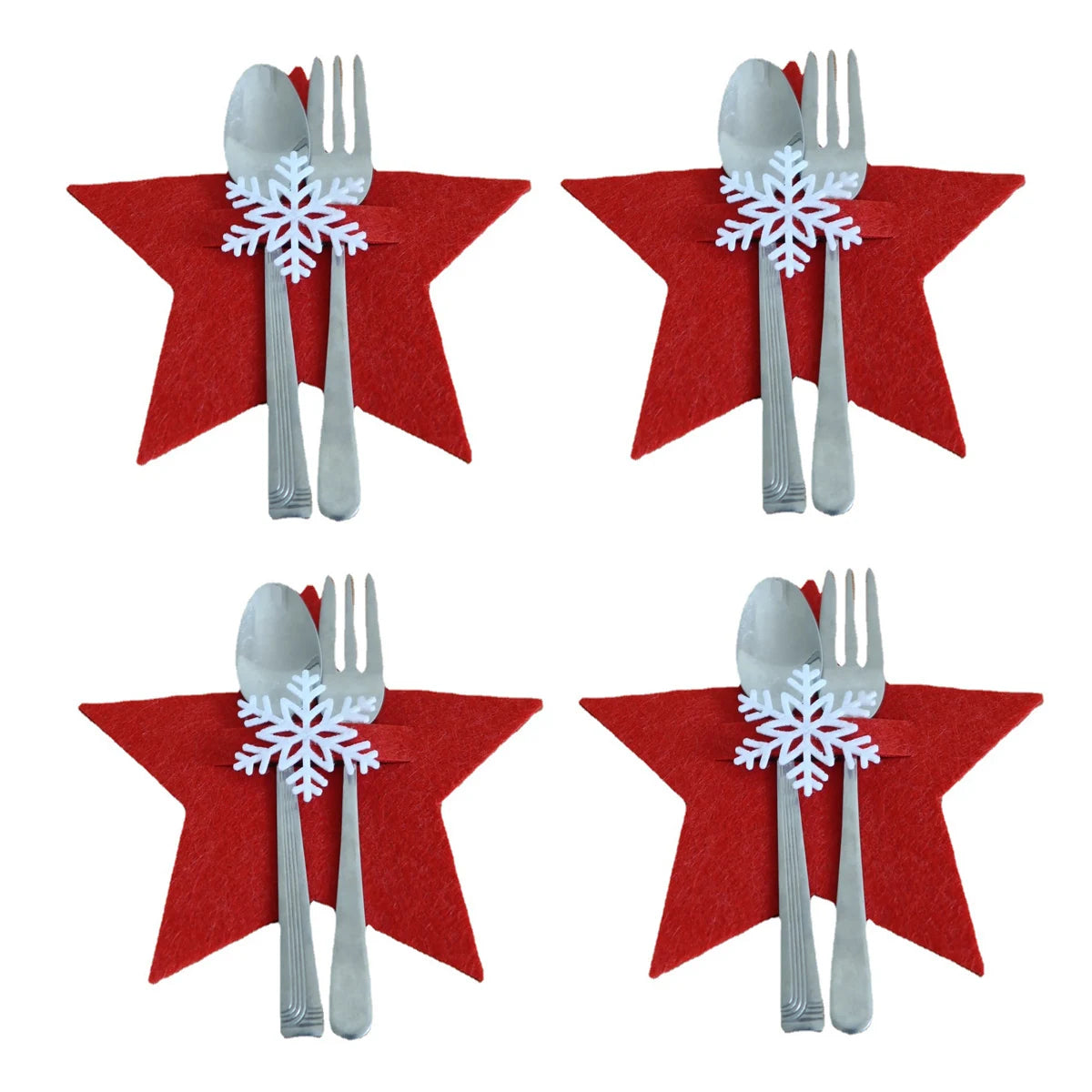 4pcs Xmas Cutlery Bag Pocket Christmas Tree Stars Snowflake Fork Knife Spoon Holder Bags for Kitchen Tableware Organizer Decors