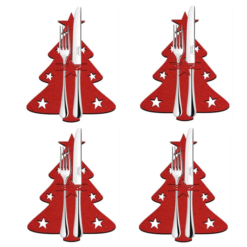 4pcs Xmas Cutlery Bag Pocket Christmas Tree Stars Snowflake Fork Knife Spoon Holder Bags for Kitchen Tableware Organizer Decors