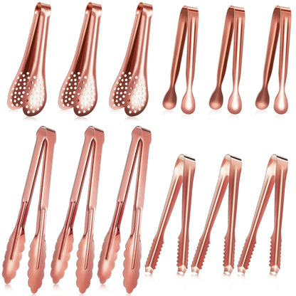 12 Pieces Tongs for Serving Utensils Mini Serving Tong Stainless Steel Appetizer Tongs Ice Sugar Tong Food Tong Cooking Tong for Salad Kitchen Buffet Party 5 Inch 9 Inch (Rose Gold)