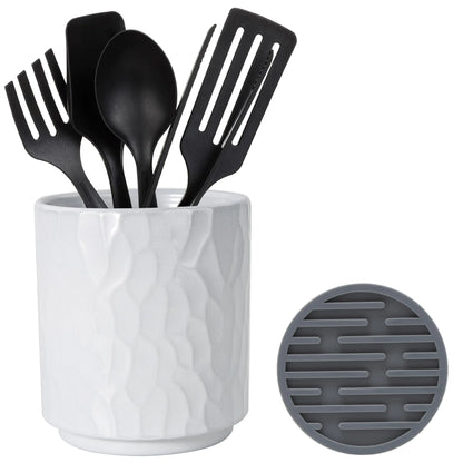 MONOSUGO Small Ceramic Utensil Holder for Kitchen Counter Countertop Cooking Utensil Cup Holder for Kitchen Crock for Utensils on Counter Includes Silicone Drying Mat Geometric Pattern White