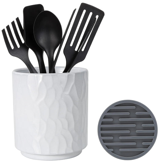 MONOSUGO Small Ceramic Utensil Holder for Kitchen Counter Countertop Cooking Utensil Cup Holder for Kitchen Crock for Utensils on Counter Includes Silicone Drying Mat Geometric Pattern White