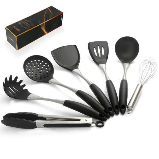 Premium Black Silicone Cooking Utensils Set – Non-Toxic Ergonomic Curved Handles Large Size Dishwasher Safe with Durable Stainless Steel Kitchen Tools (Black)