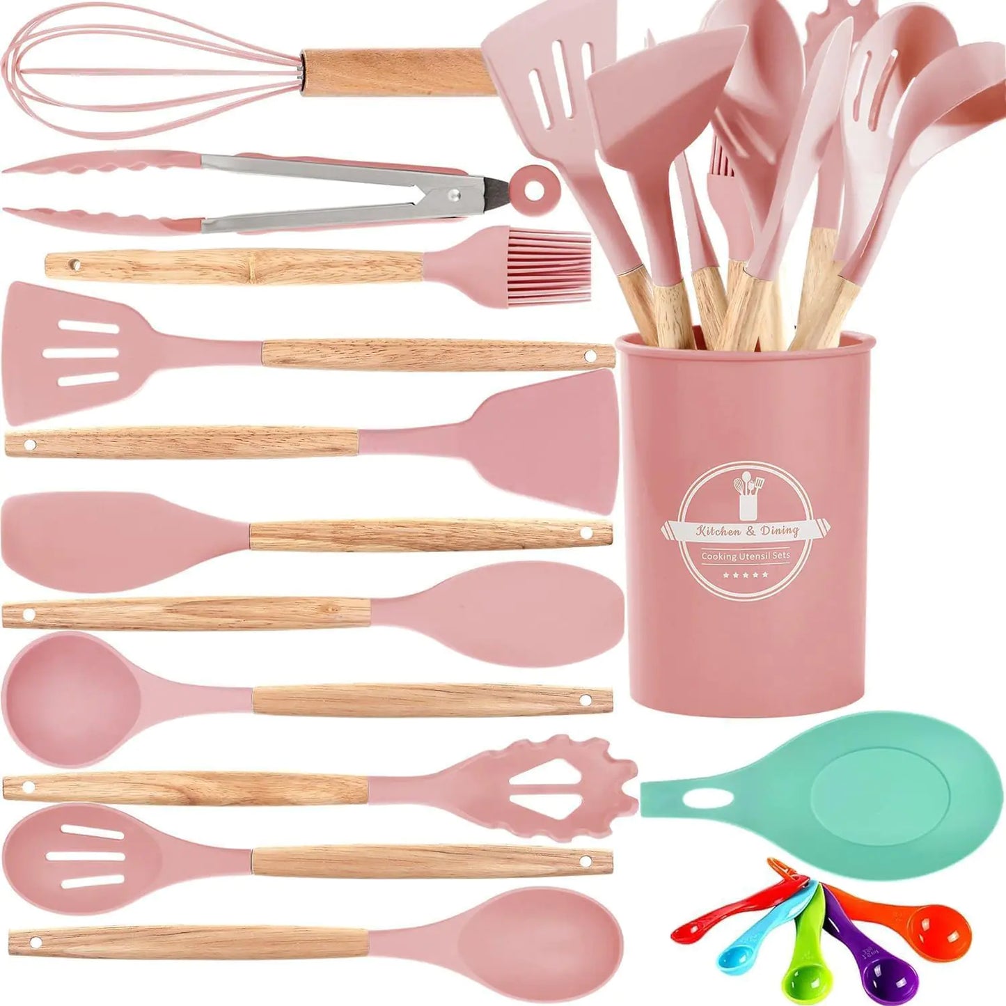 FURNIFE Kitchen Utensils Set 446°F Heat Resistant Cooking Utensils Set Silicone Spatula Set for Cooking Wooden Handle Silicone Kitchen Gadgets Kitchen Tools for Nonstick Cookware (Light Pink)