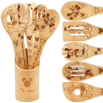 BOZICRE Wooden Spoons for Cooking Bamboo Cooking Kitchen Utensils Set Housewarming Birthday Anniversary Present for Friend (6PCS)