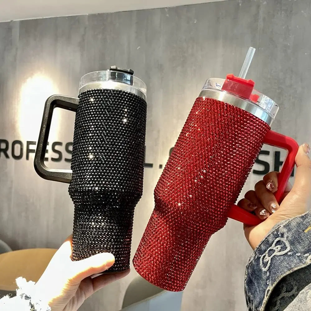 40oz Rhinestone Studded Diamond Bling Stainless Steel Tumbler with Handle Car Trtavel Outdoor Coffe Mugs with Straws