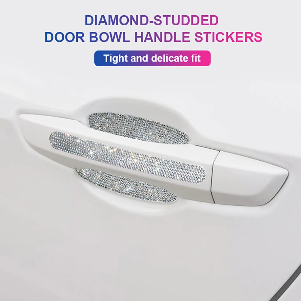 8pcs Bling Car Door Bowl&Door Handle Protector Kit Shiny Rhinestones Scratch-Resistant Stickers Door Cup Handle Protective Film