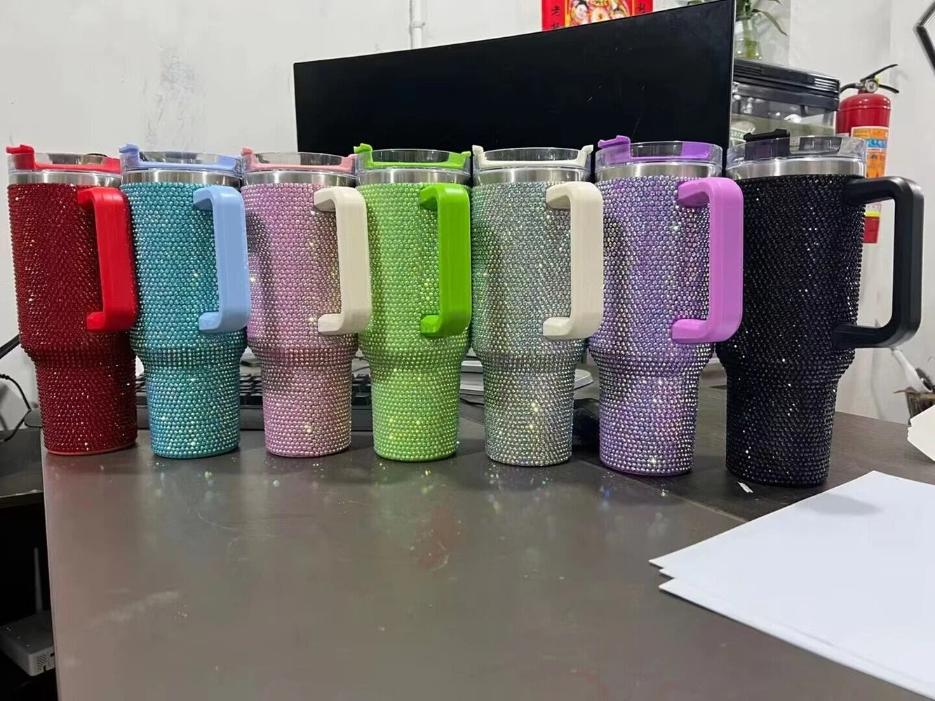 40oz Rhinestone Studded Diamond Bling Stainless Steel Tumbler with Handle Car Trtavel Outdoor Coffe Mugs with Straws