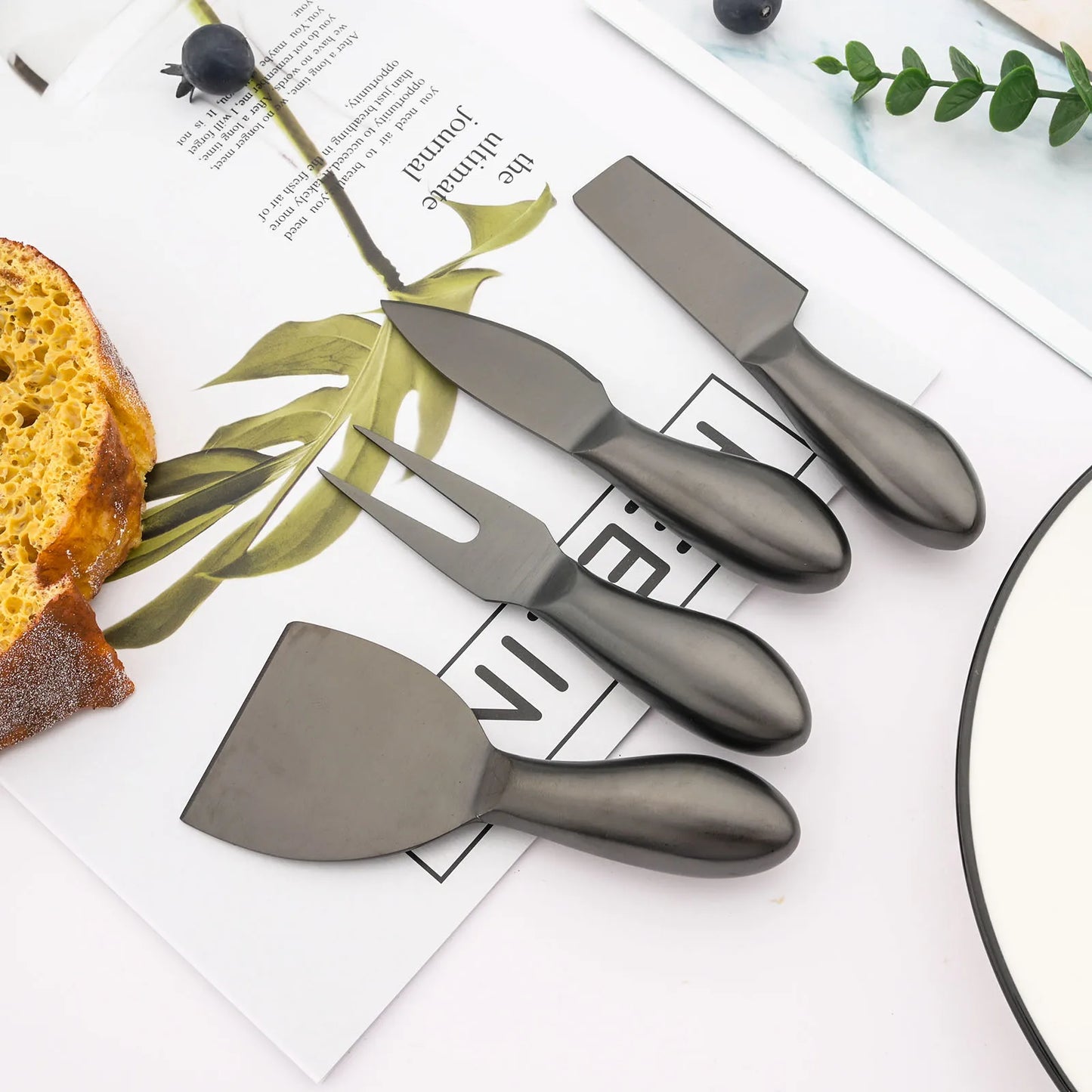 Black 3-6Pcs Food Grade Cheese Knife Tool Set Stainless Steel Handle Cheese Knife Set for Cheese Pizza Kitchen Accessories