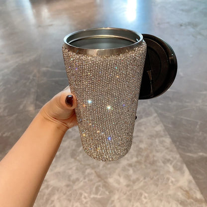 Handmade 16.9OZ Bling Coffee Cup Diamond Vacuum Thermos Water Bottle Car Tumbler Mug Stainless Steel Rhinestone Cups with Lid