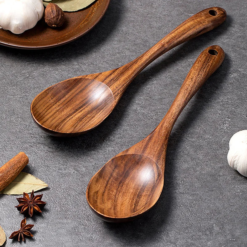 2Pcs Wooden Spoon Ladle Large Soup Spoon Japanese Kitchen Serving Spoons Long Handle Wood Spoon Fork Salad Serving Set Tableware