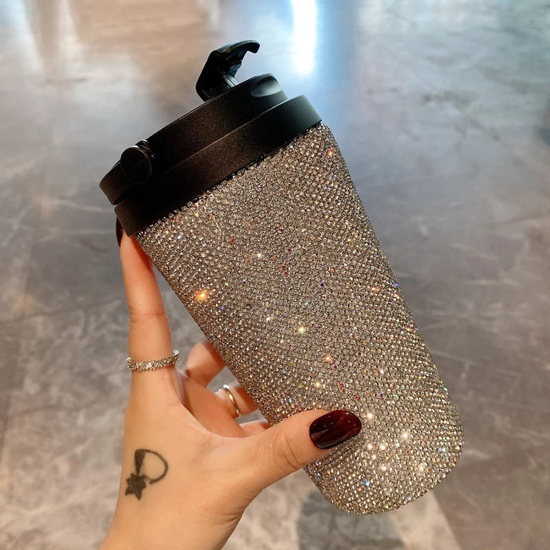 Handmade 16.9OZ Bling Coffee Cup Diamond Vacuum Thermos Water Bottle Car Tumbler Mug Stainless Steel Rhinestone Cups with Lid