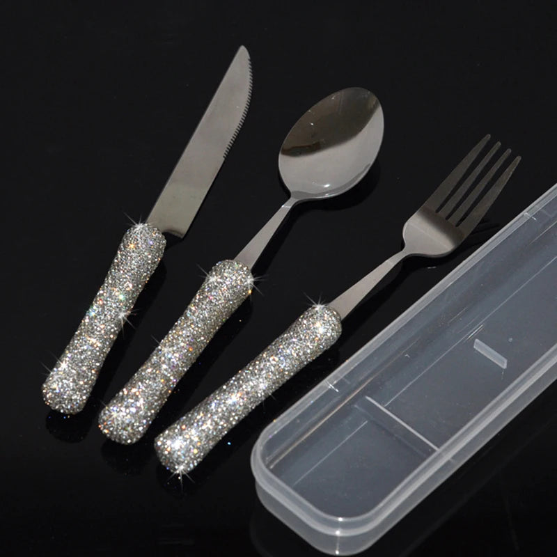 Luxury Spoon Fork Knife Set 304 Stainless Steel Cutlery Tableware Bling Sparkling Diamond Flatware Dish Set Dinnerware Set Gift