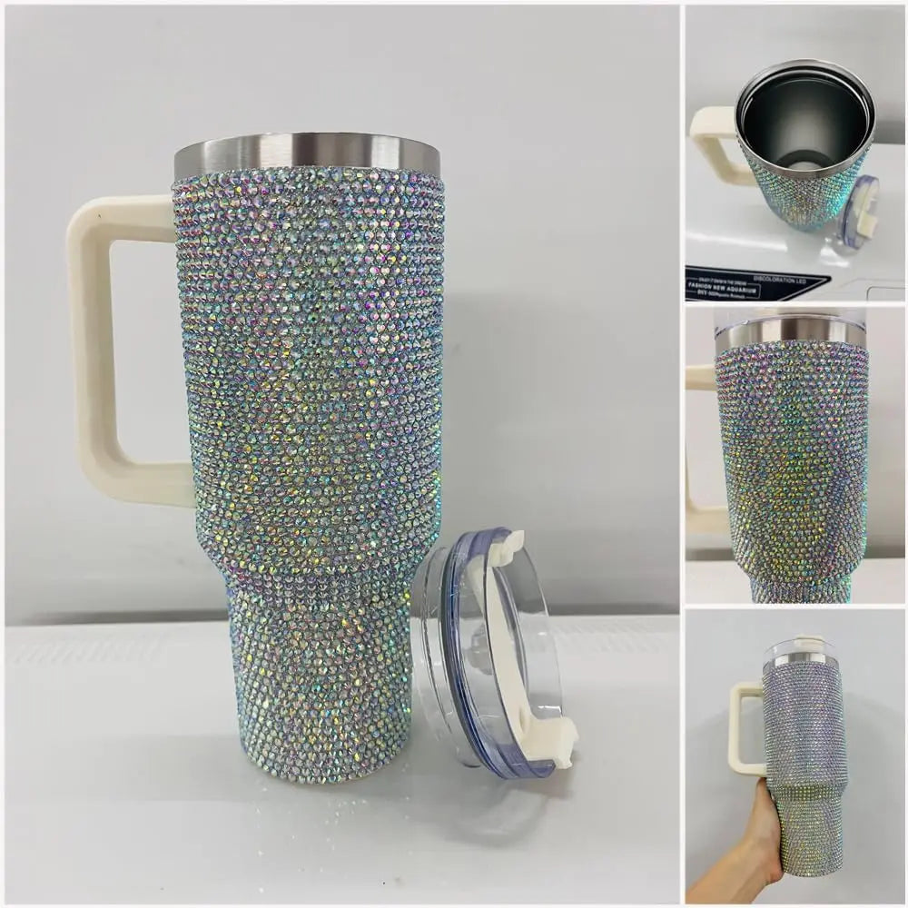 40oz Rhinestone Studded Diamond Bling Stainless Steel Tumbler with Handle Car Trtavel Outdoor Coffe Mugs with Straws