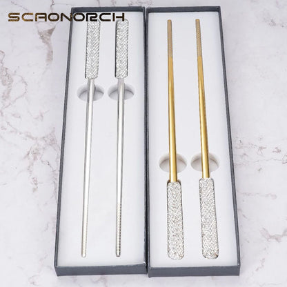 A Pair Stainless Steel Chopsticks with Box Tableware Luxury Dinnerware Bling Rhinestone Chopsticks Kitchen Utensils Xmas Gift