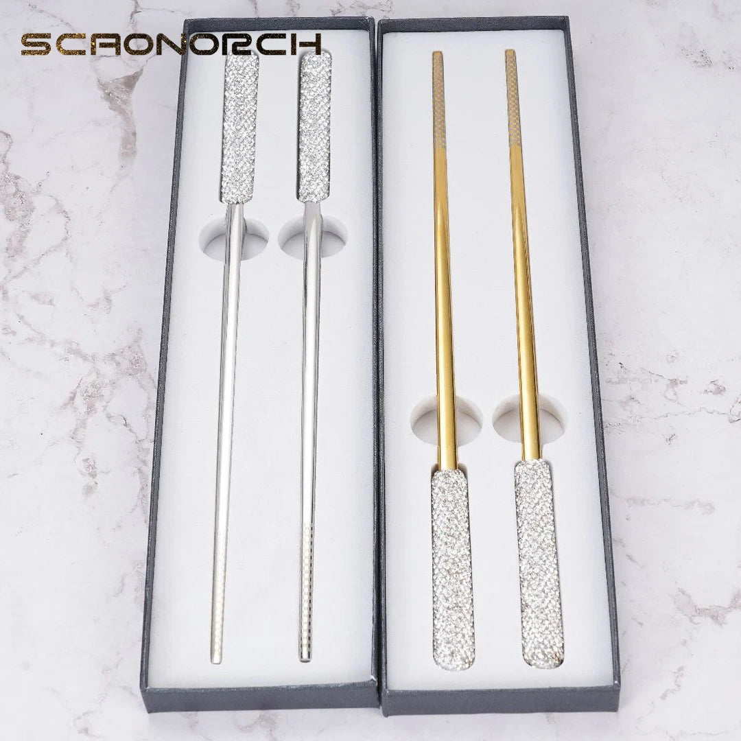 A Pair Stainless Steel Chopsticks with Box Tableware Luxury Dinnerware Bling Rhinestone Chopsticks Kitchen Utensils Xmas Gift