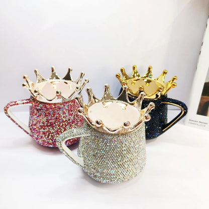 SCAONORCH Creative Crown Ceramic Mug Cute Coffee Mug Milk Cup with Lid Sparkling Diamond Tea Cup 320ml Water Mugs Bling Gift