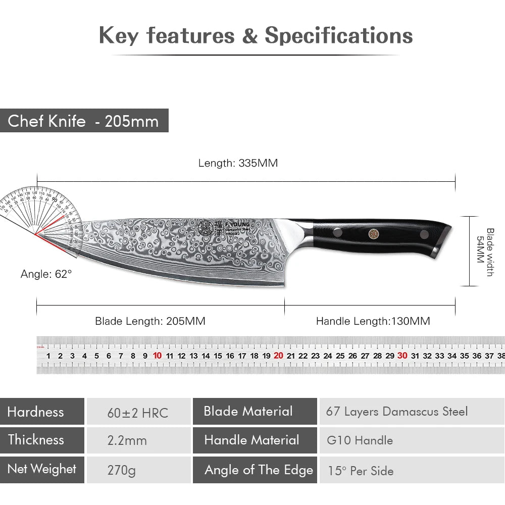 F.YOUNG 8 Inch Professional Chef's Knives Japanese 67 Layer Damascus Steel VG10 Core Super Sharp Meat Vegetable Kitchen Knife