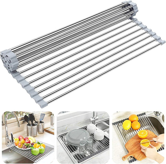 Rack Up Plate Tableware Stainless Roll Drainer Foldable Shelf Steel Storage Kitchen The Over Holder Bowl Drying Dish Sink Dish