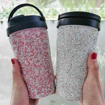 Handmade 16.9OZ Bling Coffee Cup Diamond Vacuum Thermos Water Bottle Car Tumbler Mug Stainless Steel Rhinestone Cups with Lid