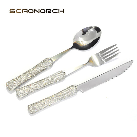 Luxury Spoon Fork Knife Set 304 Stainless Steel Cutlery Tableware Bling Sparkling Diamond Flatware Dish Set Dinnerware Set Gift