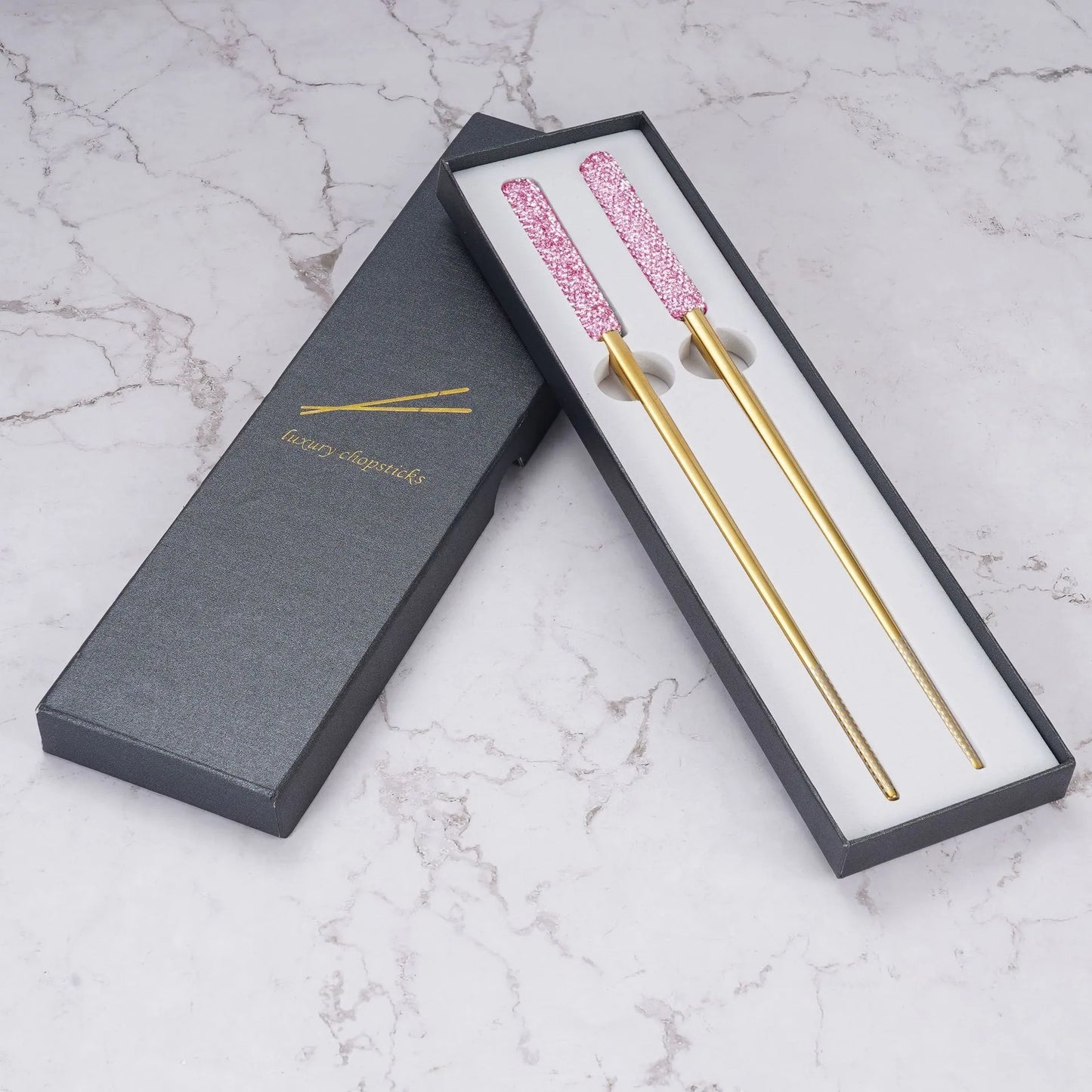 A Pair Stainless Steel Chopsticks with Box Tableware Luxury Dinnerware Bling Rhinestone Chopsticks Kitchen Utensils Xmas Gift