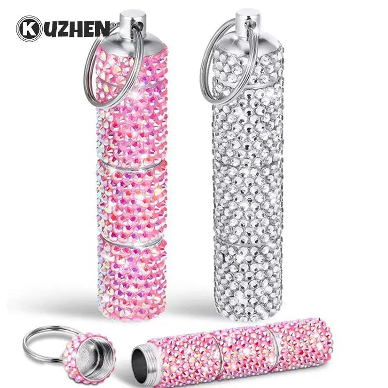 Bling Diamond Pill Case Medicine Storage Box Organizer Bottle with Keyring Portable Metal Rhinestone Pill Box for Travel