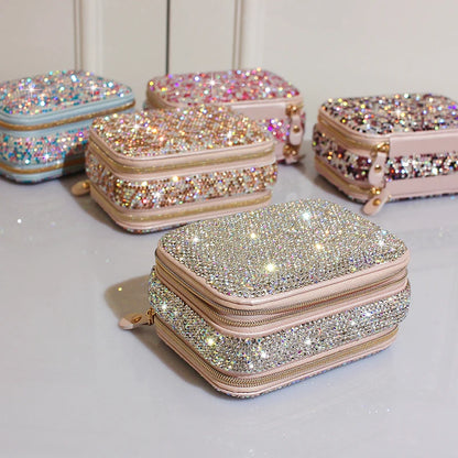 Diamond-set Double Zipper Jewelry Portable Storage Box With Mirror Ring Earrings Necklace Rhinestones Case Lipstick Makeup