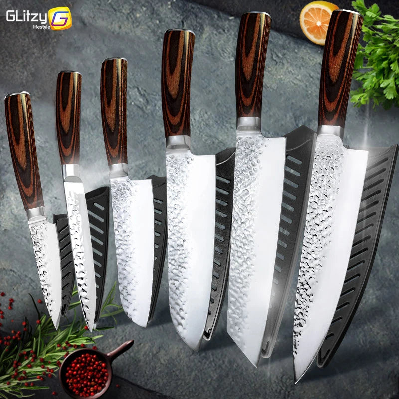 Kitchen Knives Japanese Chef Knife Set 7CR17 High Carbon Steel Full Tang Hammered Non-Stick Santoku Knifes Utility Meat Cleaver