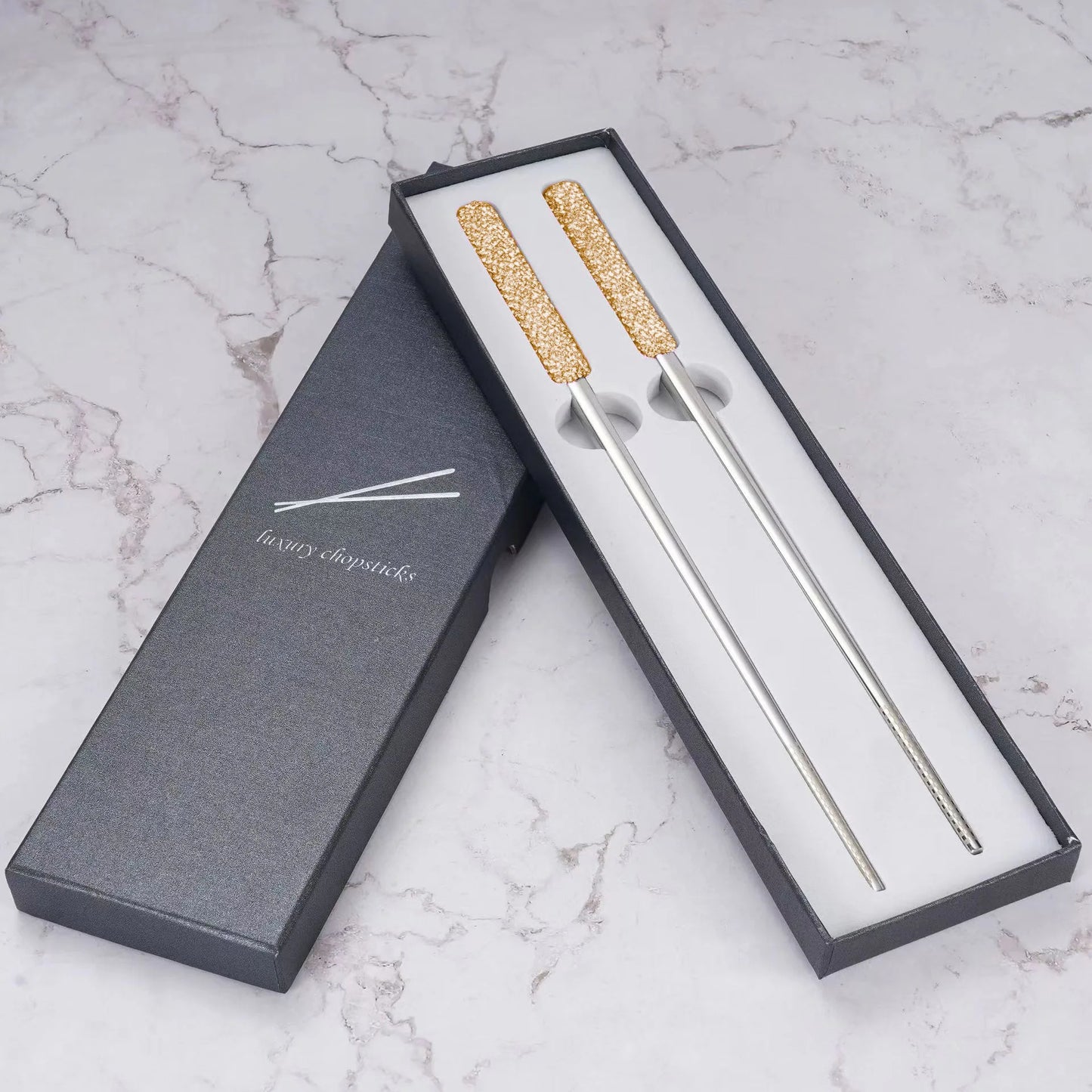 A Pair Stainless Steel Chopsticks with Box Tableware Luxury Dinnerware Bling Rhinestone Chopsticks Kitchen Utensils Xmas Gift