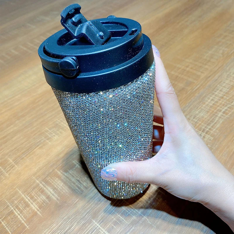 Handmade 16.9OZ Bling Coffee Cup Diamond Vacuum Thermos Water Bottle Car Tumbler Mug Stainless Steel Rhinestone Cups with Lid