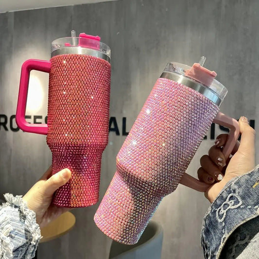 40oz Rhinestone Studded Diamond Bling Stainless Steel Tumbler with Handle Car Trtavel Outdoor Coffe Mugs with Straws