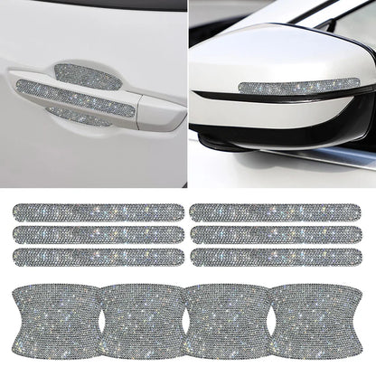 8pcs Bling Car Door Bowl&Door Handle Protector Kit Shiny Rhinestones Scratch-Resistant Stickers Door Cup Handle Protective Film